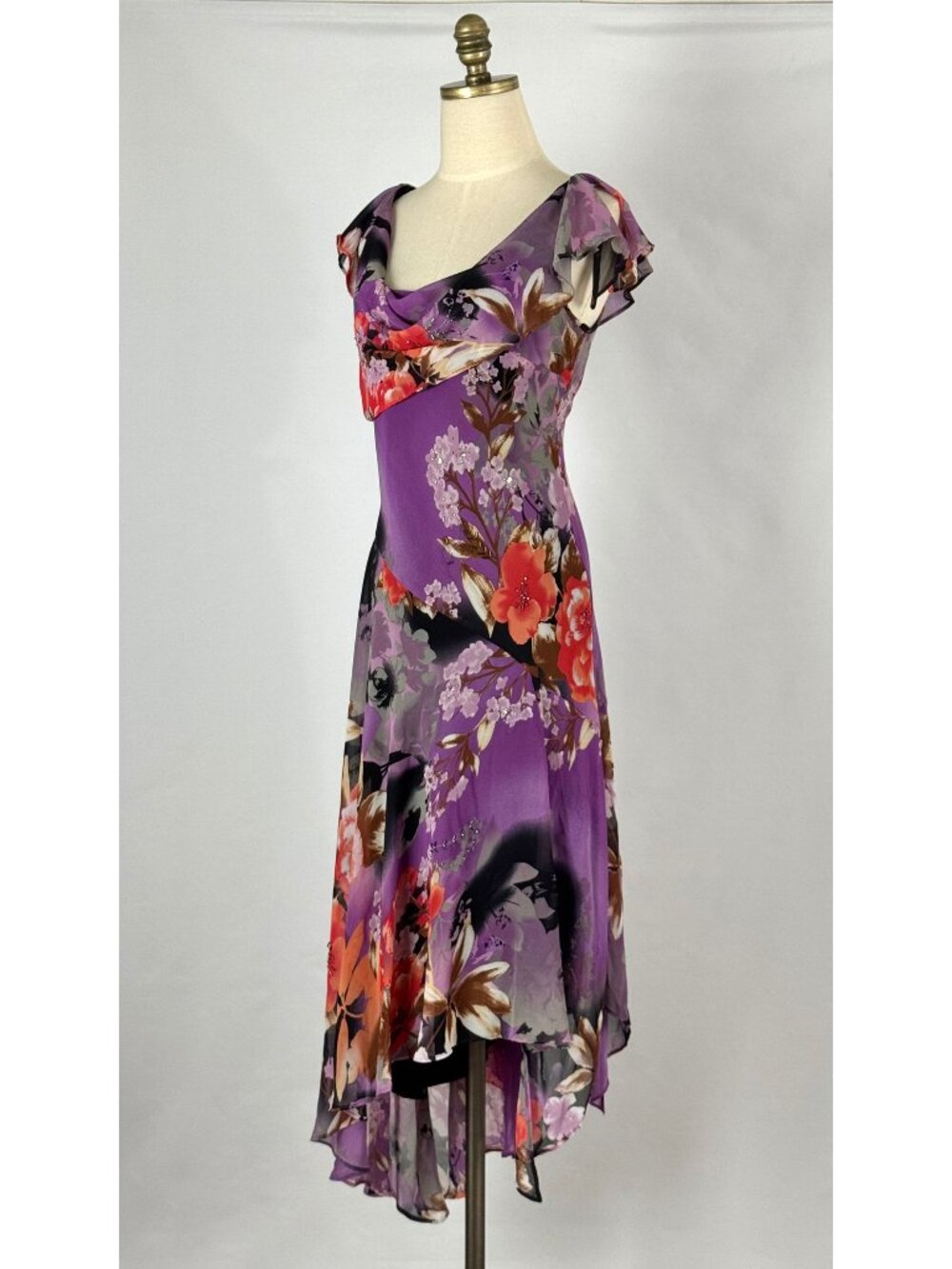 Vtg Y2K Purple Floral Asymmetrical Dress Handkerchief Hem Flutter Sleeve Fairy - Picture 3 of 13
